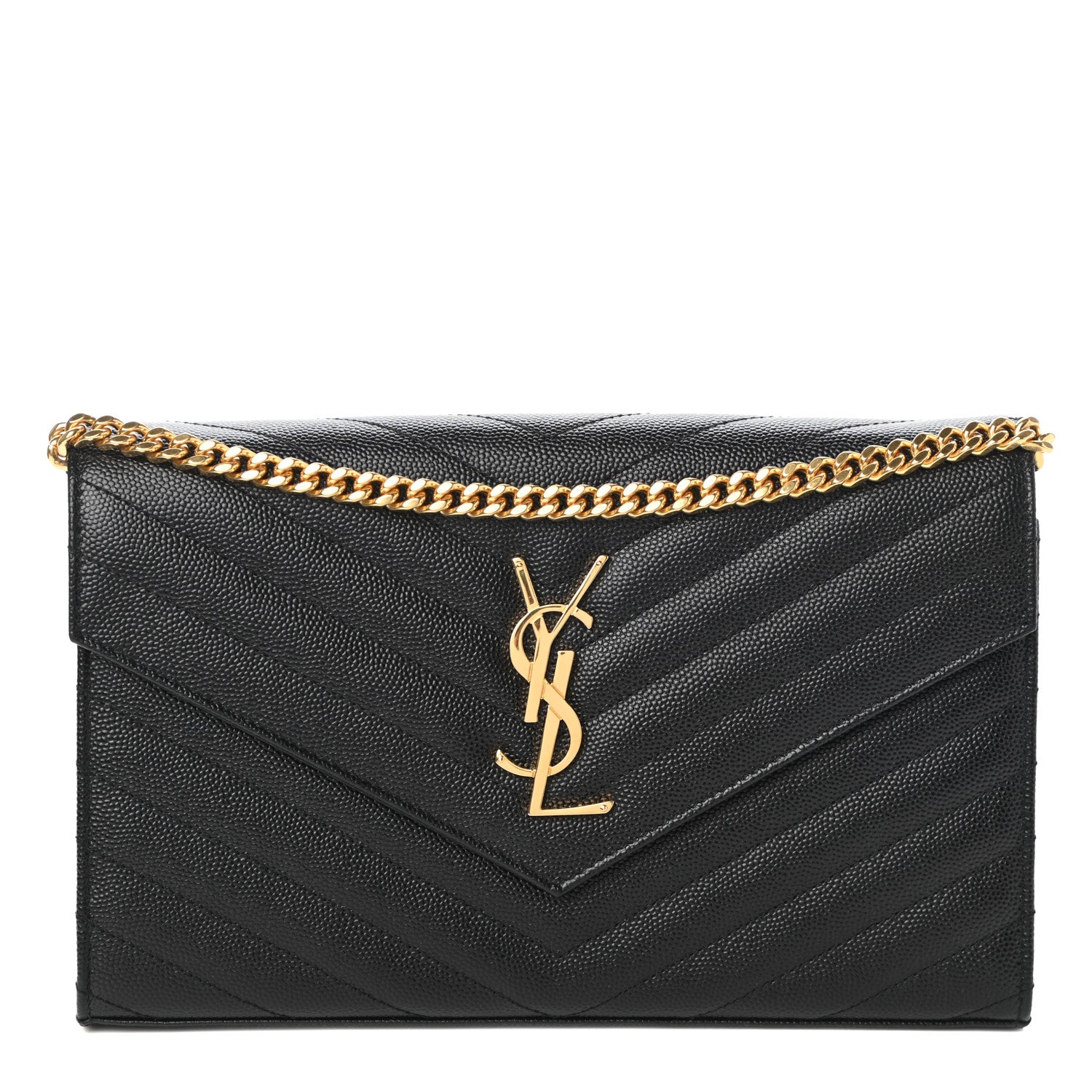 Saint Laurent Grain De Poudre Matelasse Chevron Monogram Chain Wallet Black 1 of 9
