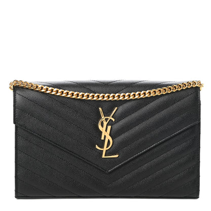 Saint Laurent Grain De Poudre Matelasse Chevron Monogram Chain Wallet Black 1 of 9
