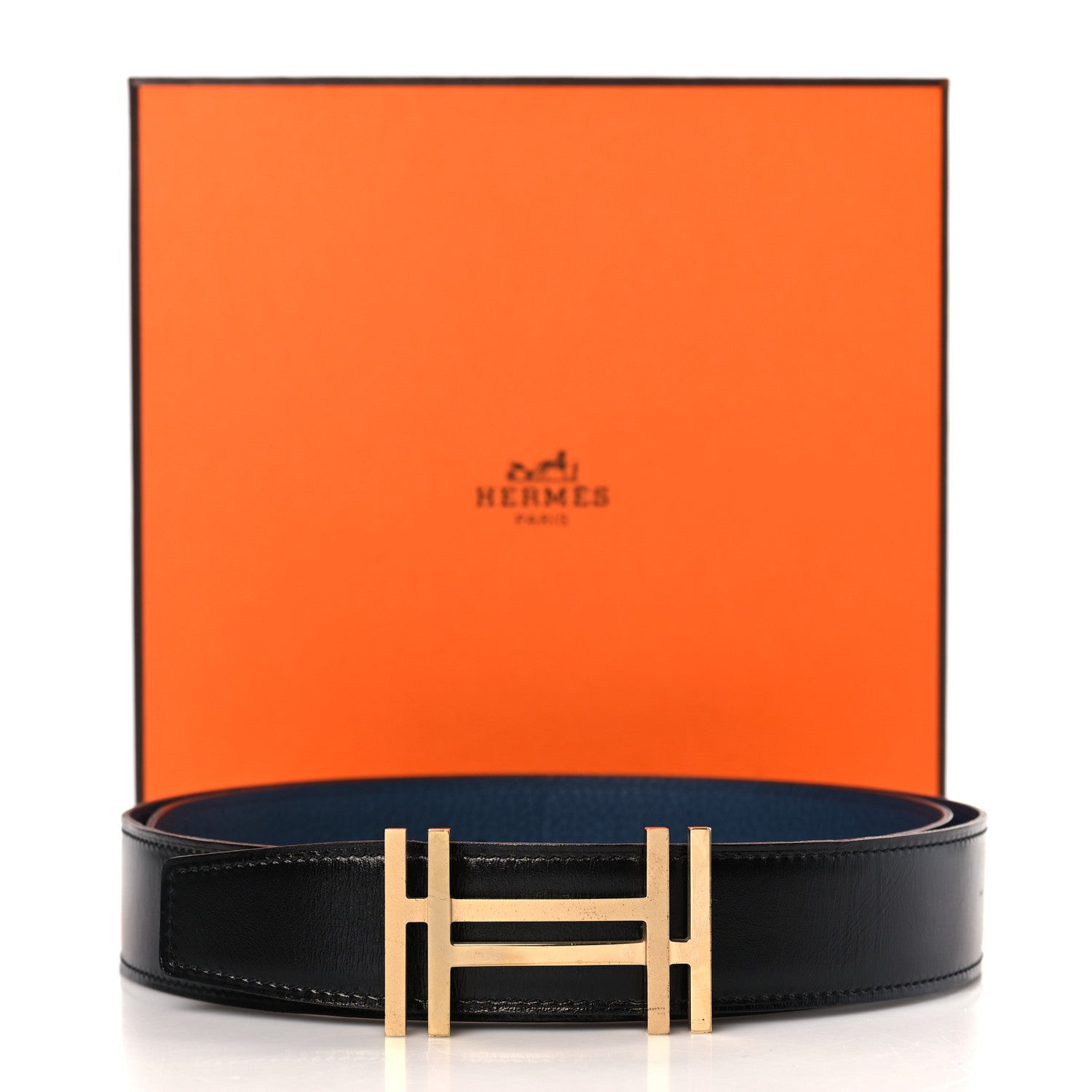 Hermes Box Togo 32mm Au Carre H Belt 85 34 Black Bleu De Malte 7 of 7