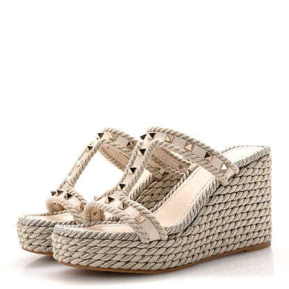 Valentino Garavani Calfskin Rockstud Torchon Espadrille Caged 25/95mm Wedge Sandals 38 Light Ivory 4 of 8