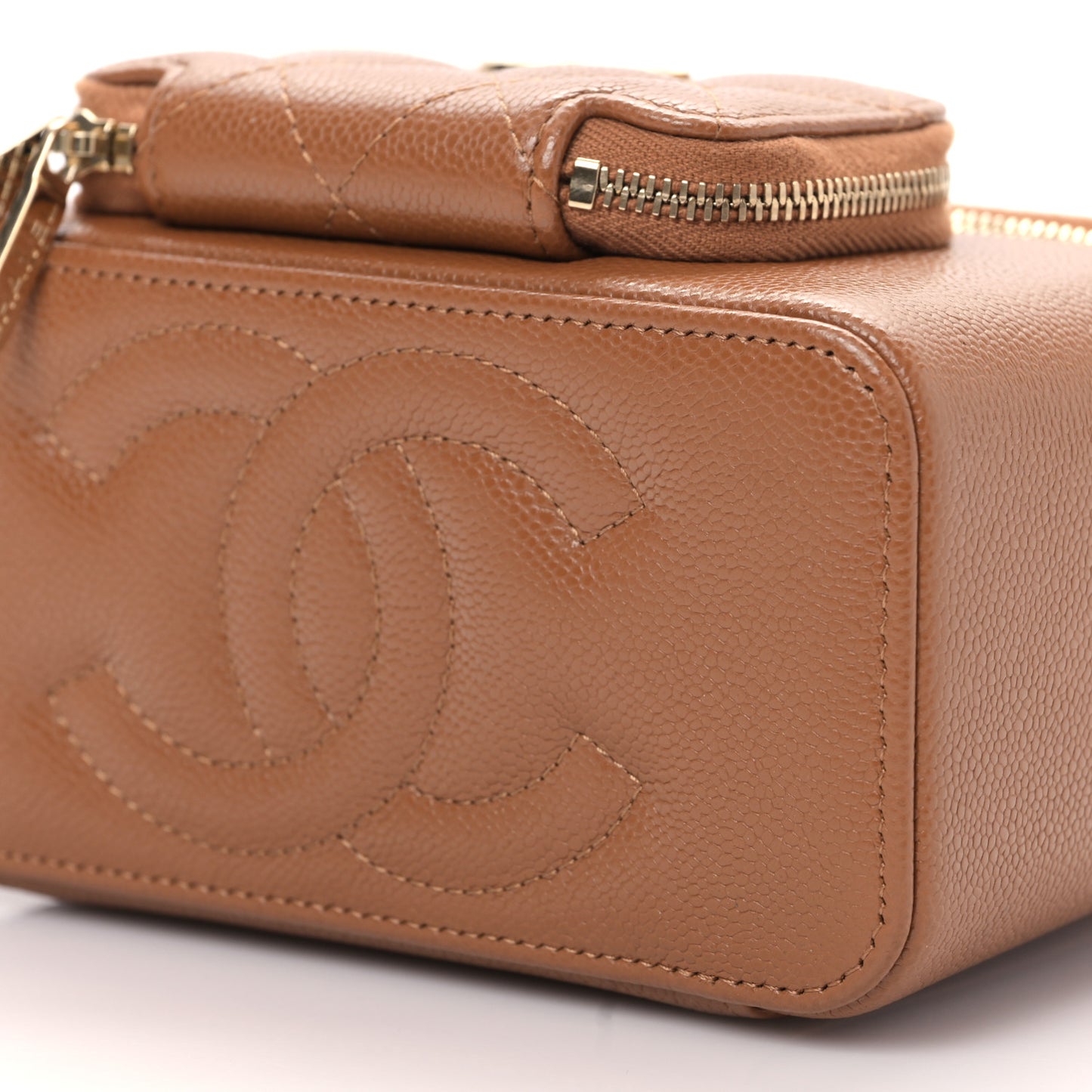 Caviar Quilted Top Handle Pocket Vanity Case Camel