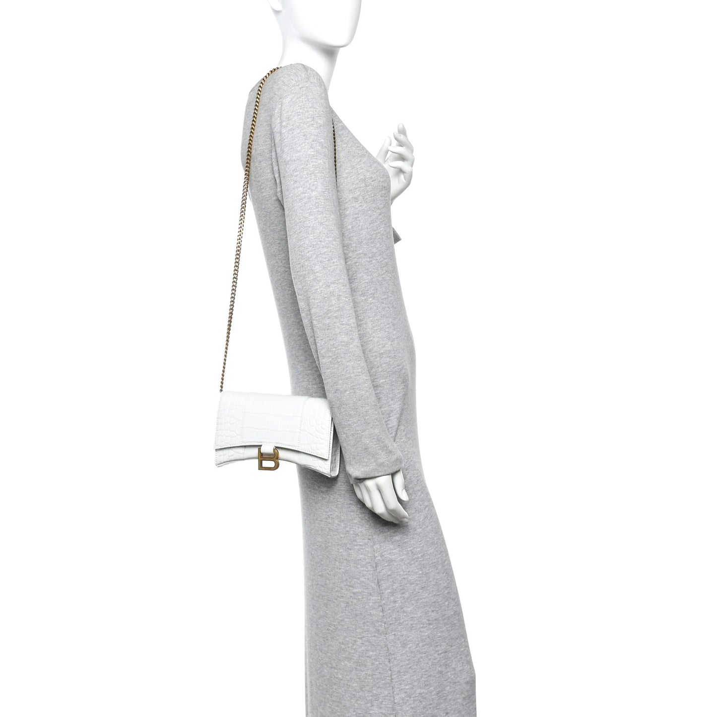 Shiny Calfskin Crocodile Embossed Hourglass Chain Bag White