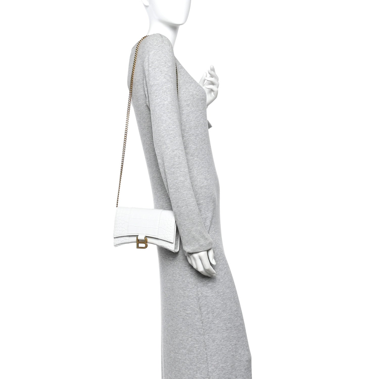 Balenciaga Shiny Calfskin Crocodile Embossed Hourglass Chain Bag White 2 of 10