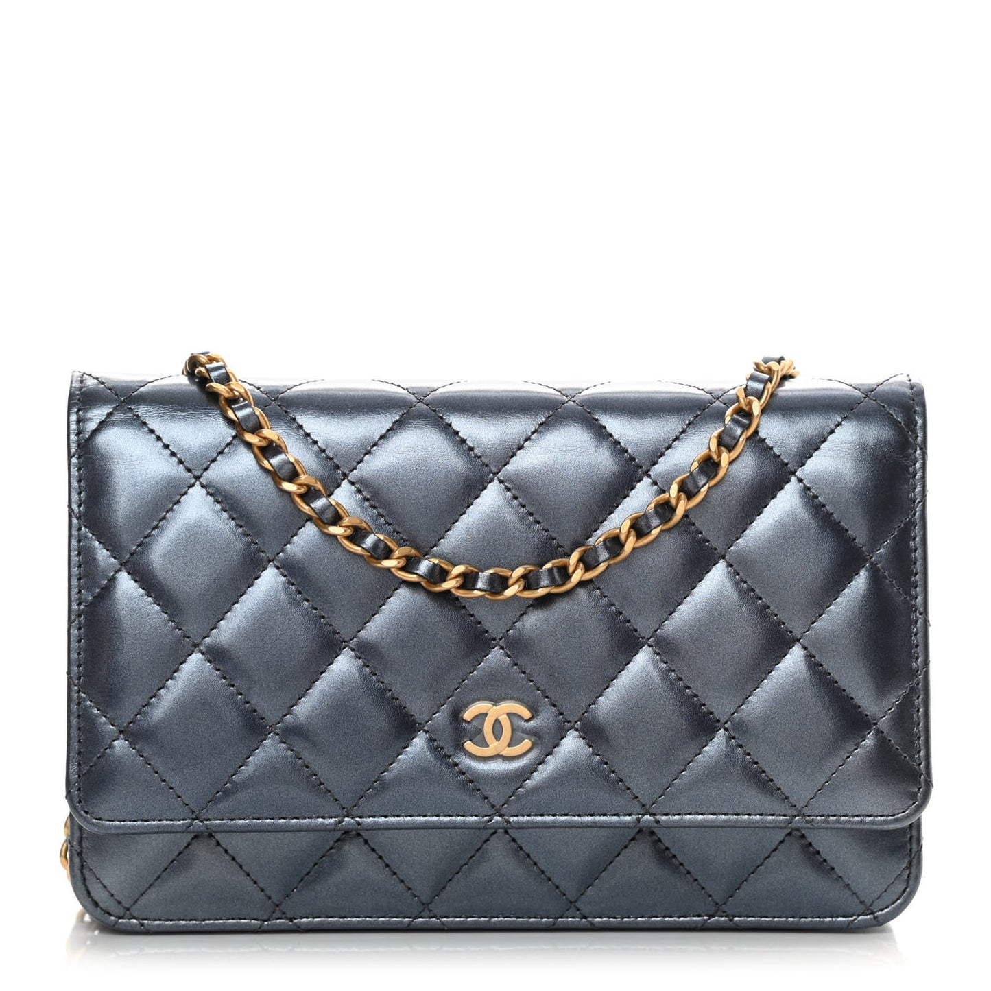Metallic Lambskin Wallet On Chain WOC Blue