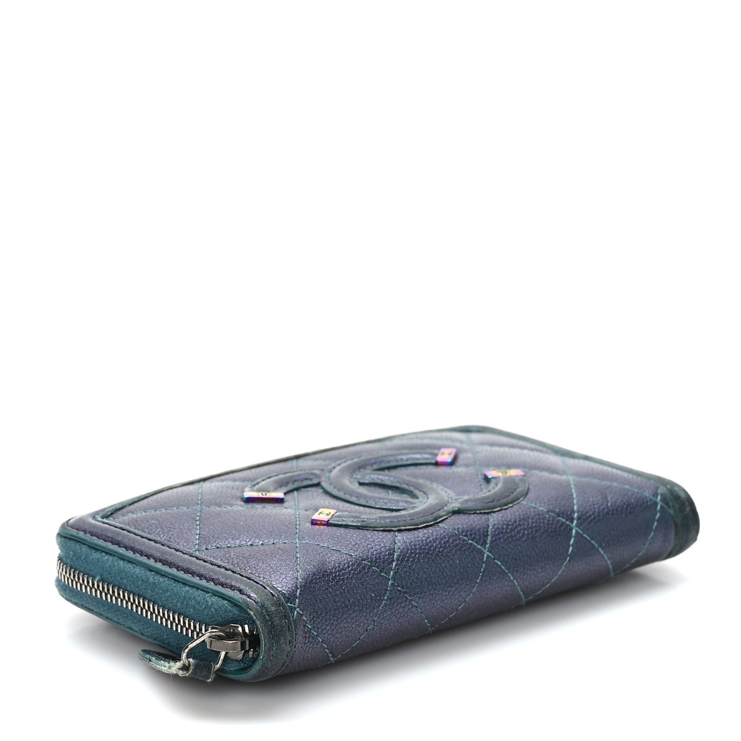Iridescent Caviar Quilted Medium Filigree Zip Around Wallet Dark Turquoise