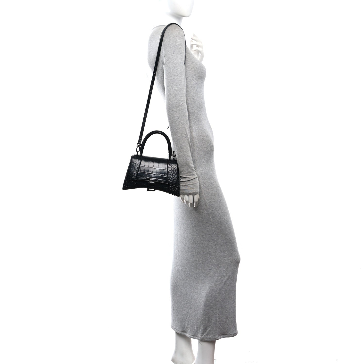 Balenciaga Shiny Calfskin Monochrome Crocodile Embossed Small Hourglass Top Handle Bag Black 2 of 14