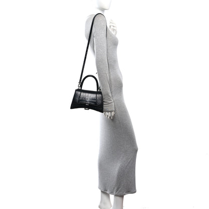 Balenciaga Shiny Calfskin Monochrome Crocodile Embossed Small Hourglass Top Handle Bag Black 2 of 14