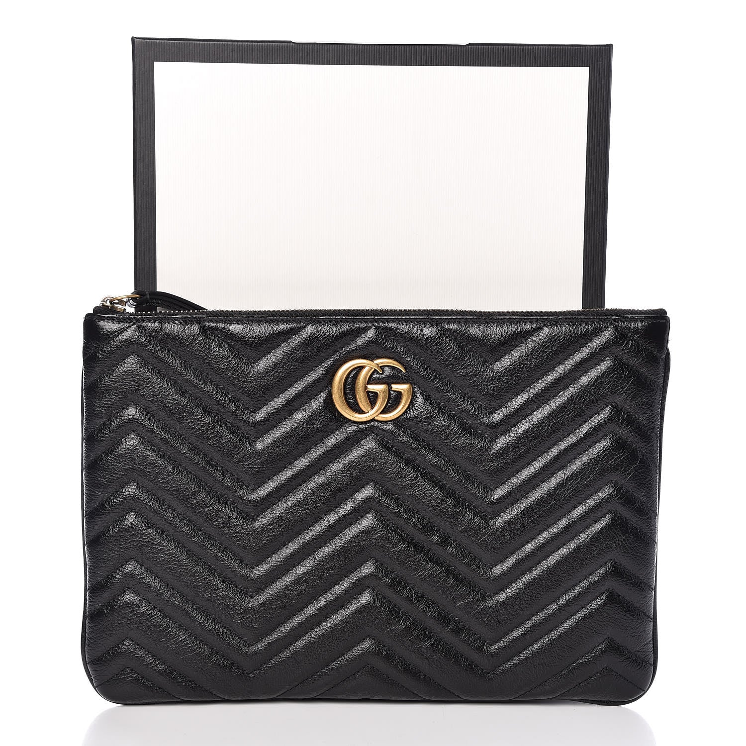 Gucci Azalea Calfskin Matelasse Heart GG Marmont Zip Pouch Black
