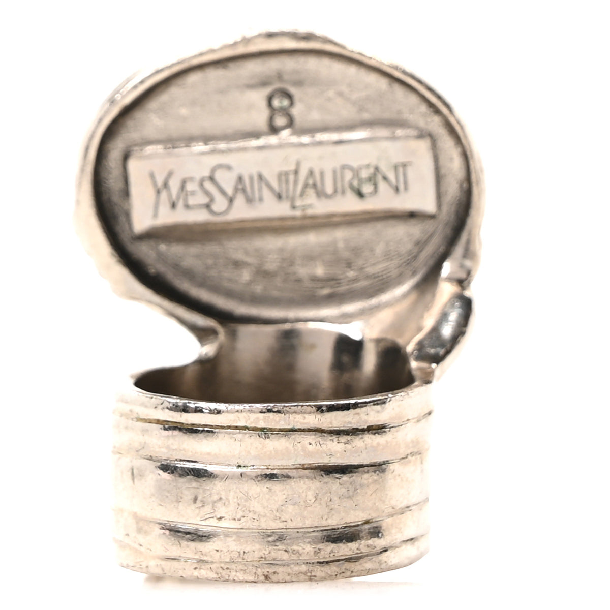 Saint Laurent Glass Cabochon Arty Ovale Ring 57 8 Gunmetal Cream 3 of 4