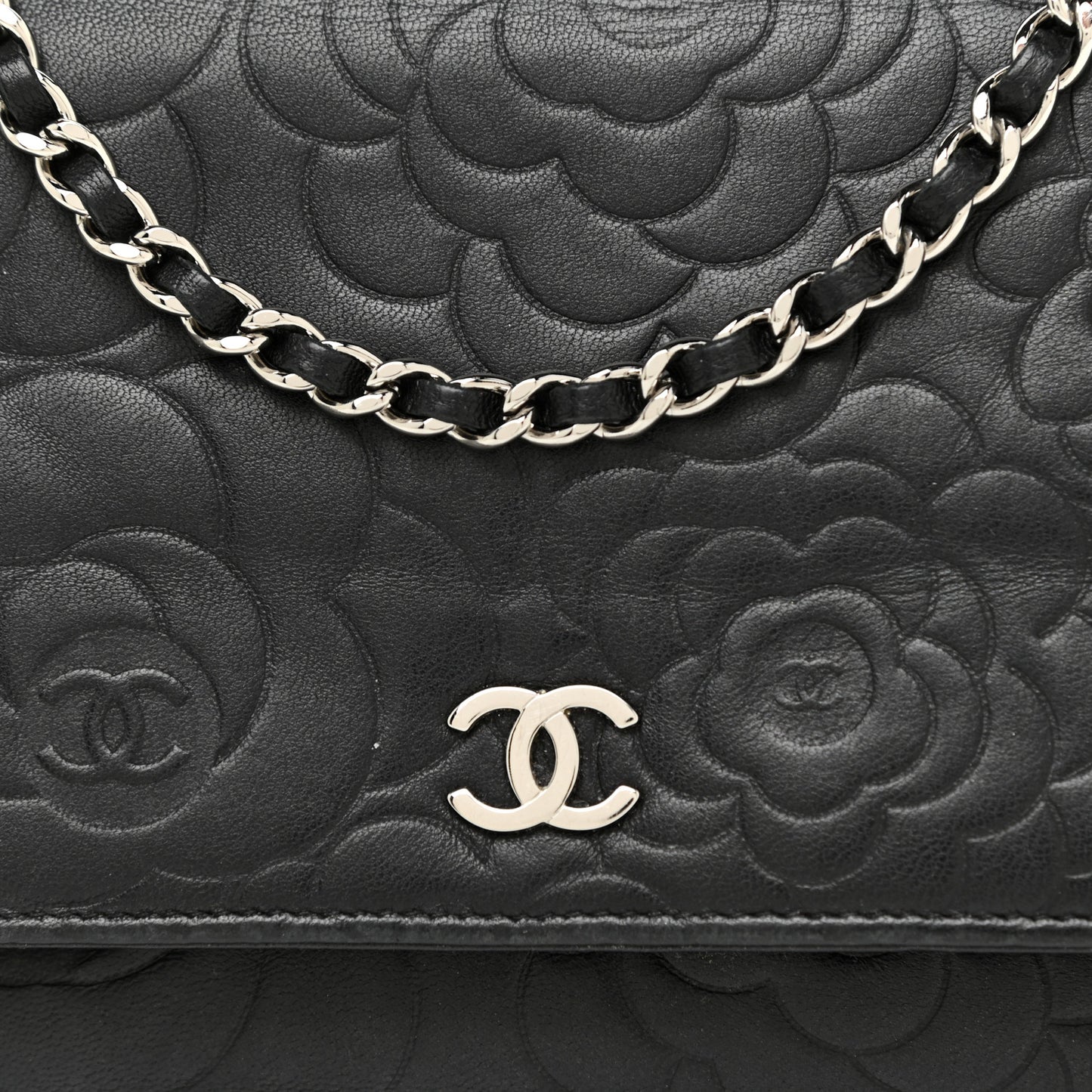 Lambskin Camellia Embossed Wallet on Chain WOC Black
