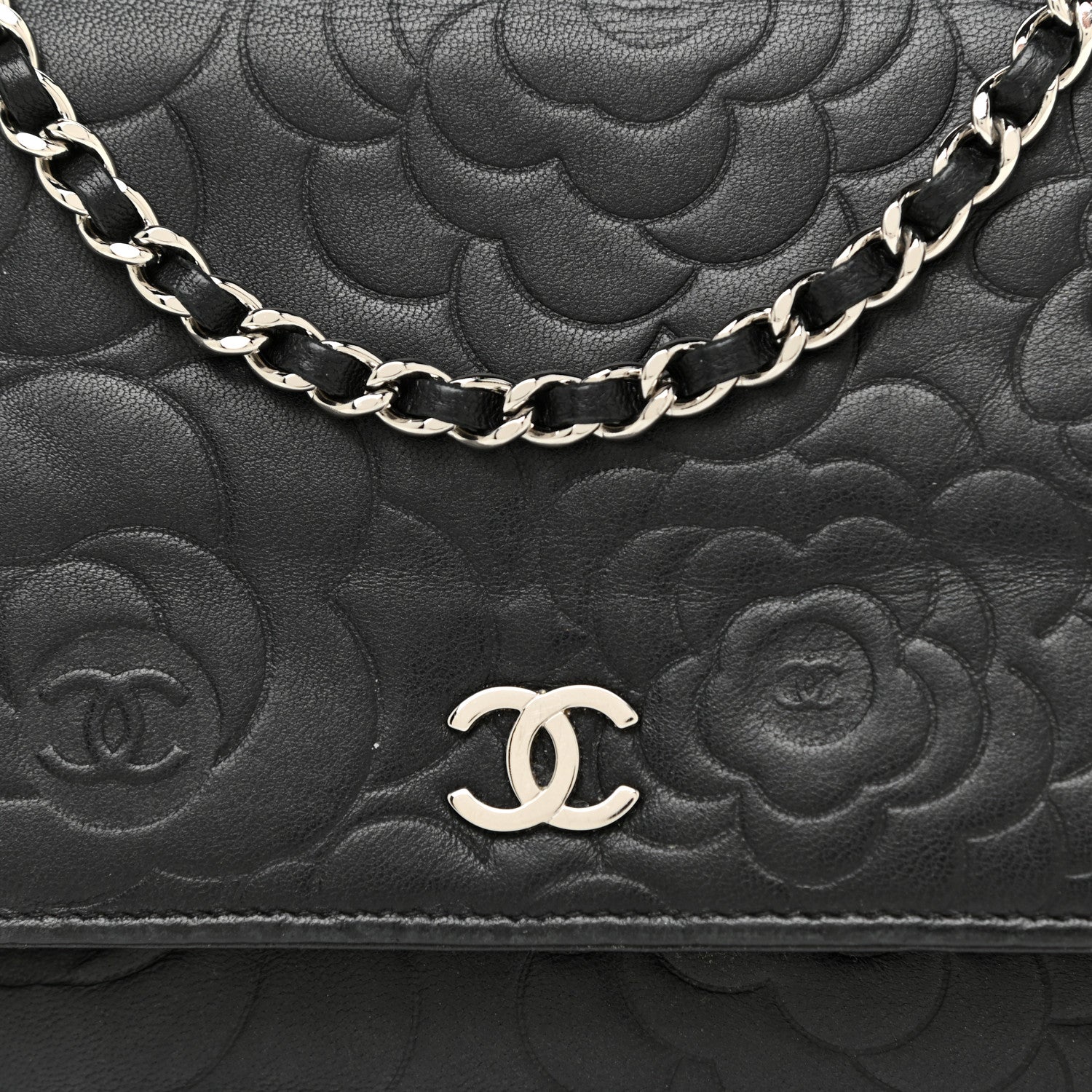 Chanel Lambskin Camellia Embossed Wallet on Chain WOC Black 8 of 17