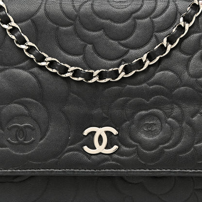 Chanel Lambskin Camellia Embossed Wallet on Chain WOC Black 8 of 17