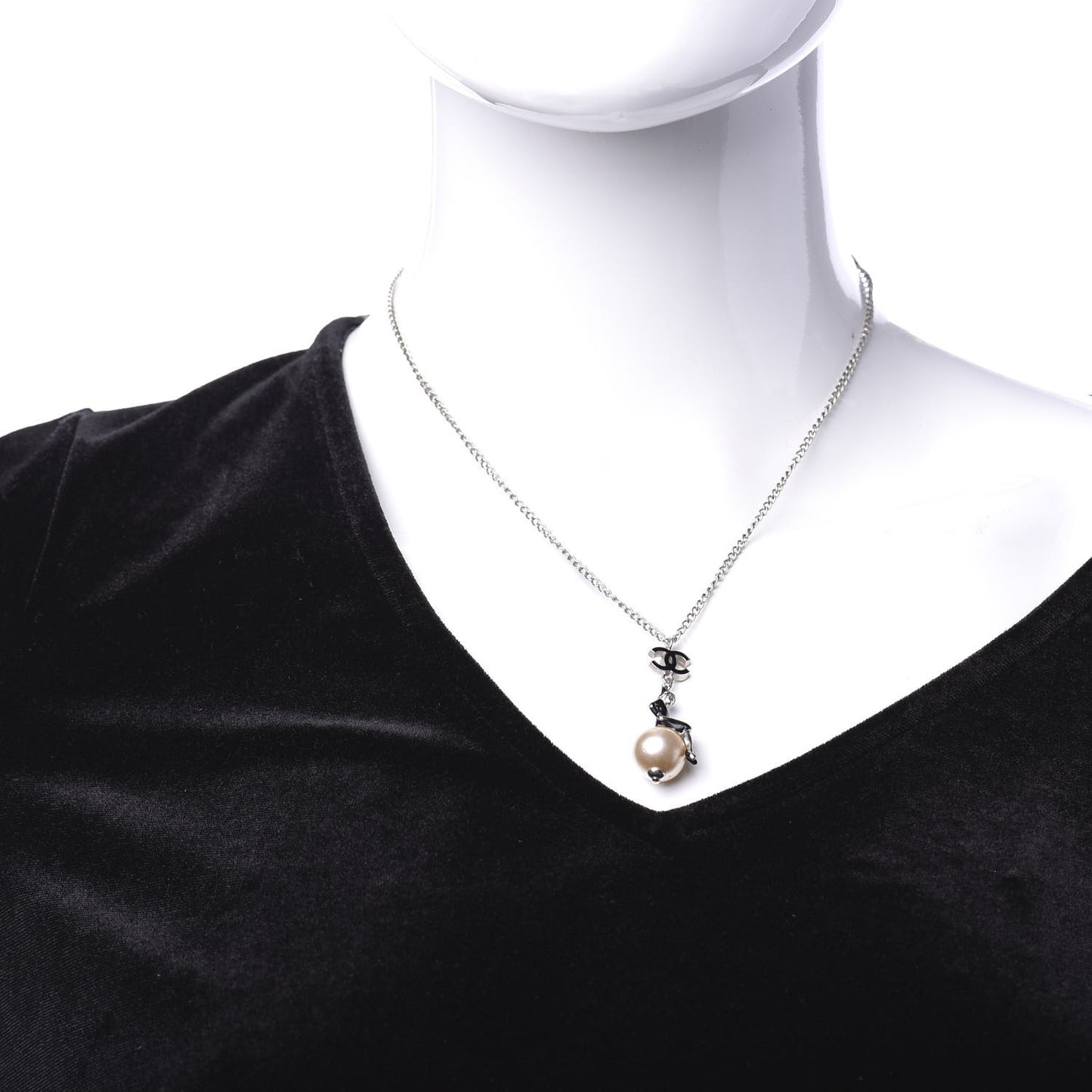 Enamel Pearl Coco Over The Moon Pendant Necklace Black Silver