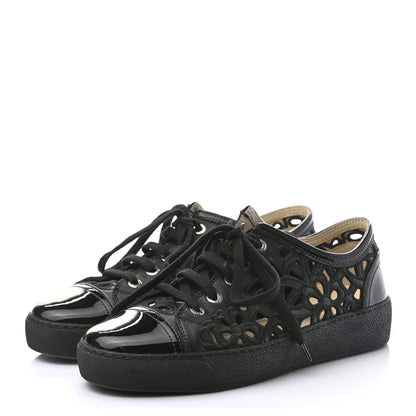 Chanel Patent Grained Goatskin Hollow Out Flower Sneakers 37 Black 3 of 8