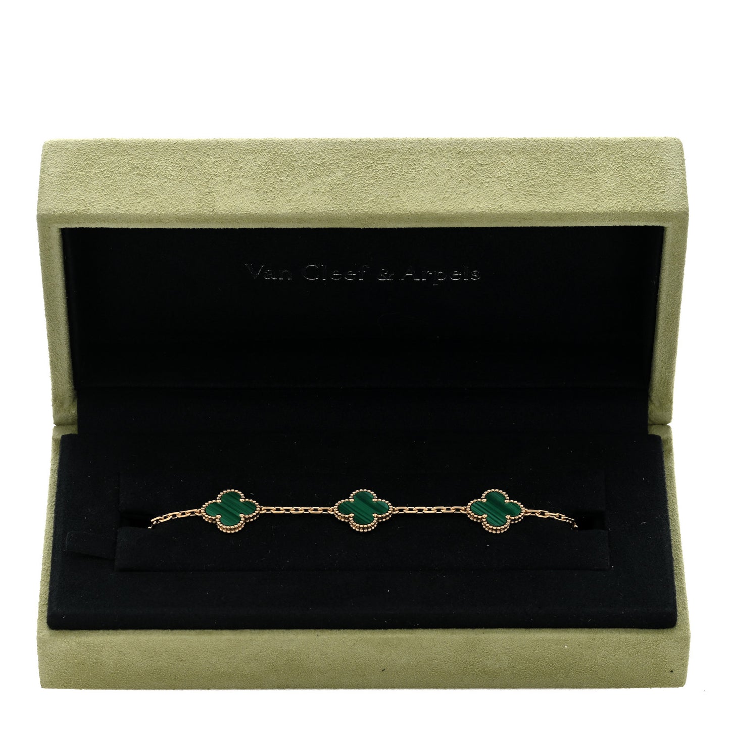 18K Yellow Gold Malachite 5 Motifs Vintage Alhambra Bracelet