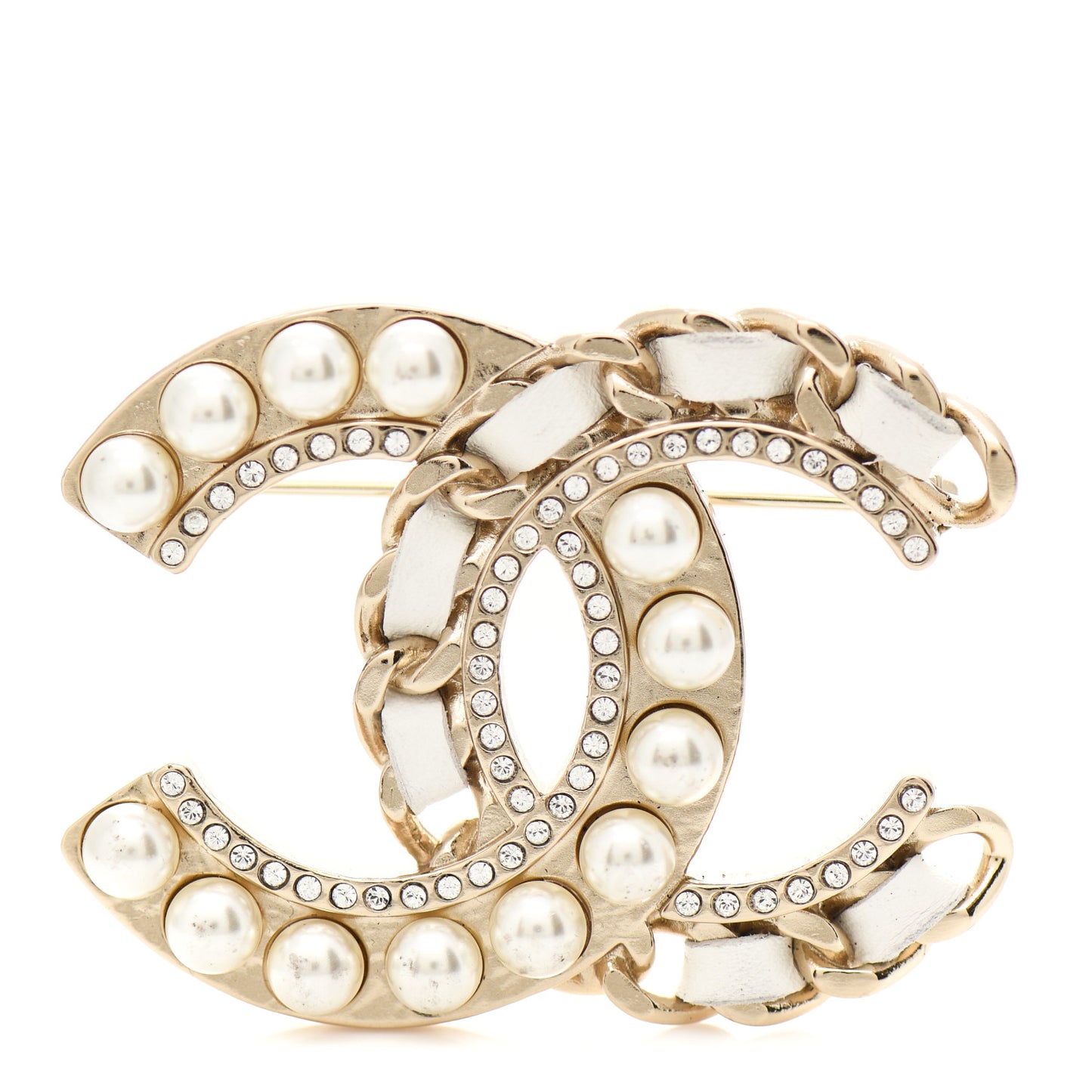 Lambskin Pearl Crystal CC Chain Brooch White Gold