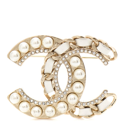 Chanel Lambskin Pearl Crystal CC Chain Brooch White Gold 1 of 4