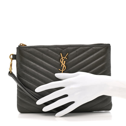 Saint Laurent Calfskin Matelasse Chevron Monogram A5 Wristlet Earth 2 of 10