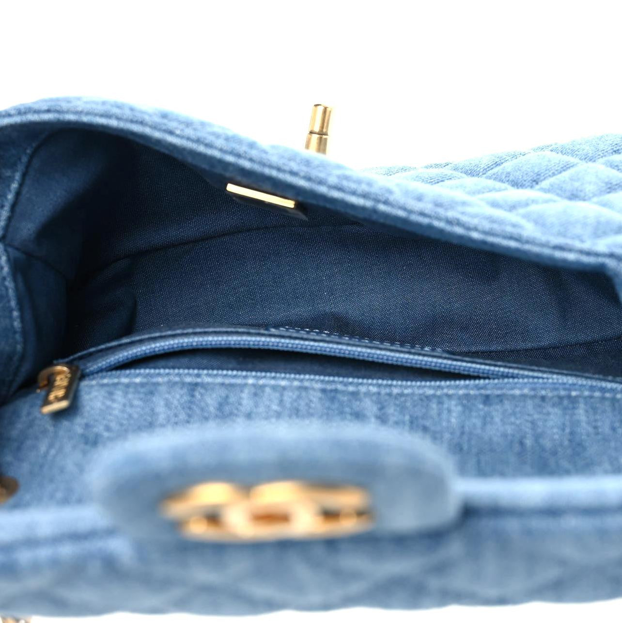 Denim Quilted Mini Pearl Crush Rectangular Flap Blue