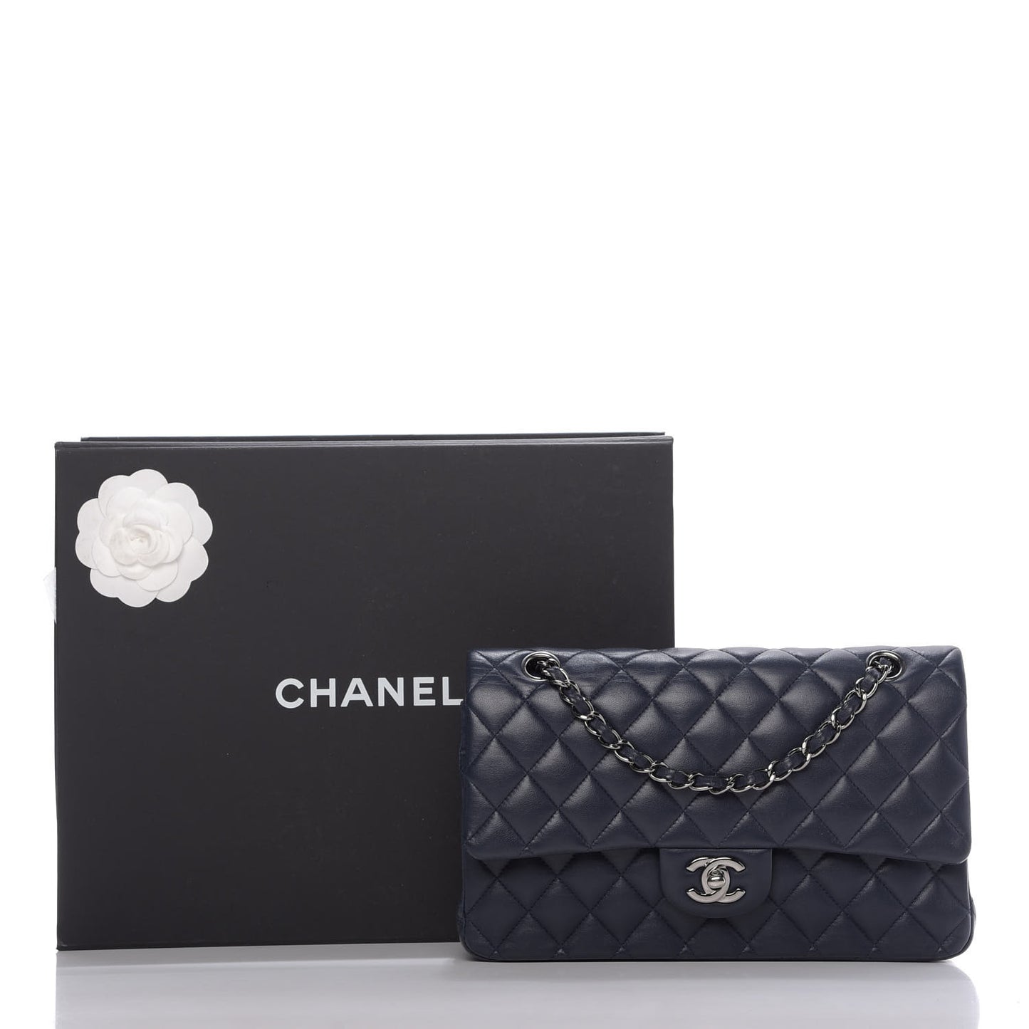 Lambskin Quilted Medium Double Flap Navy