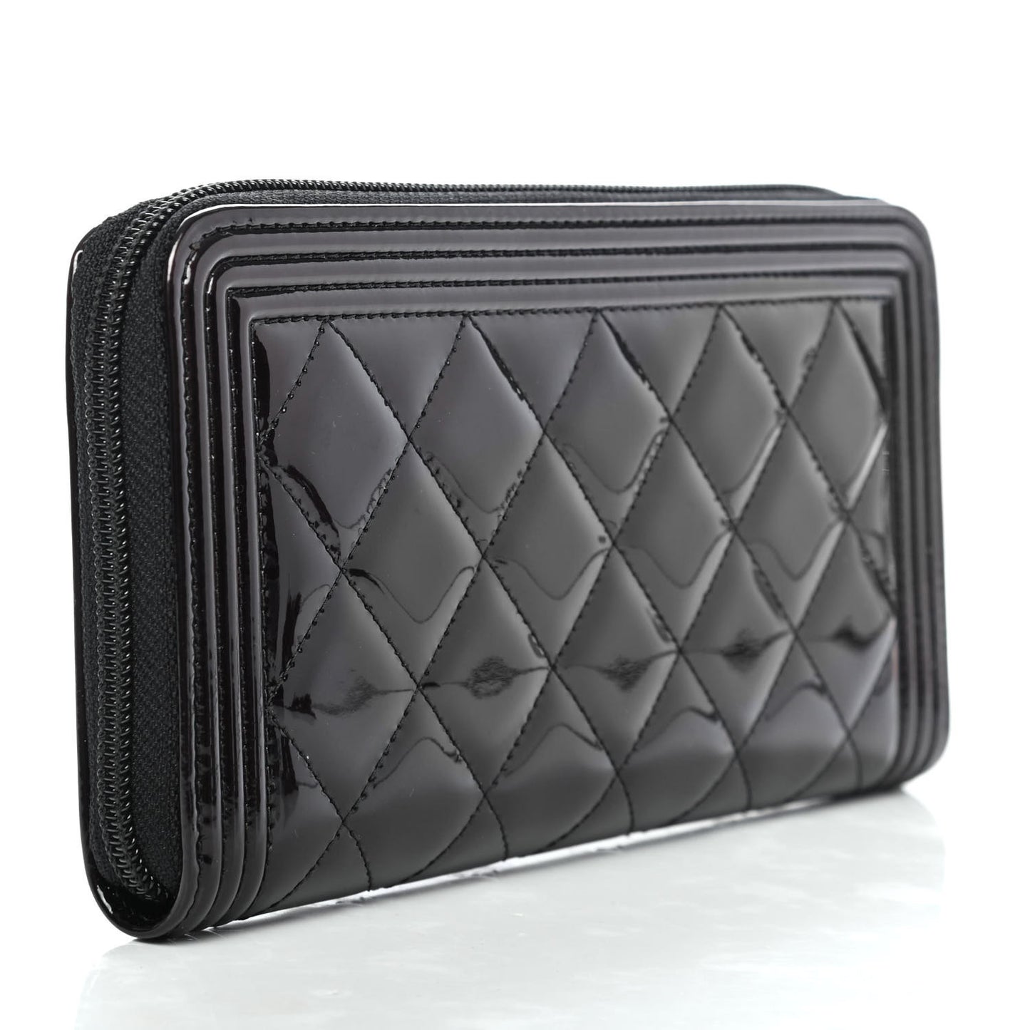 Metallic Patent Calfskin Quilted Boy L-Gusset Zip Wallet Burgundy