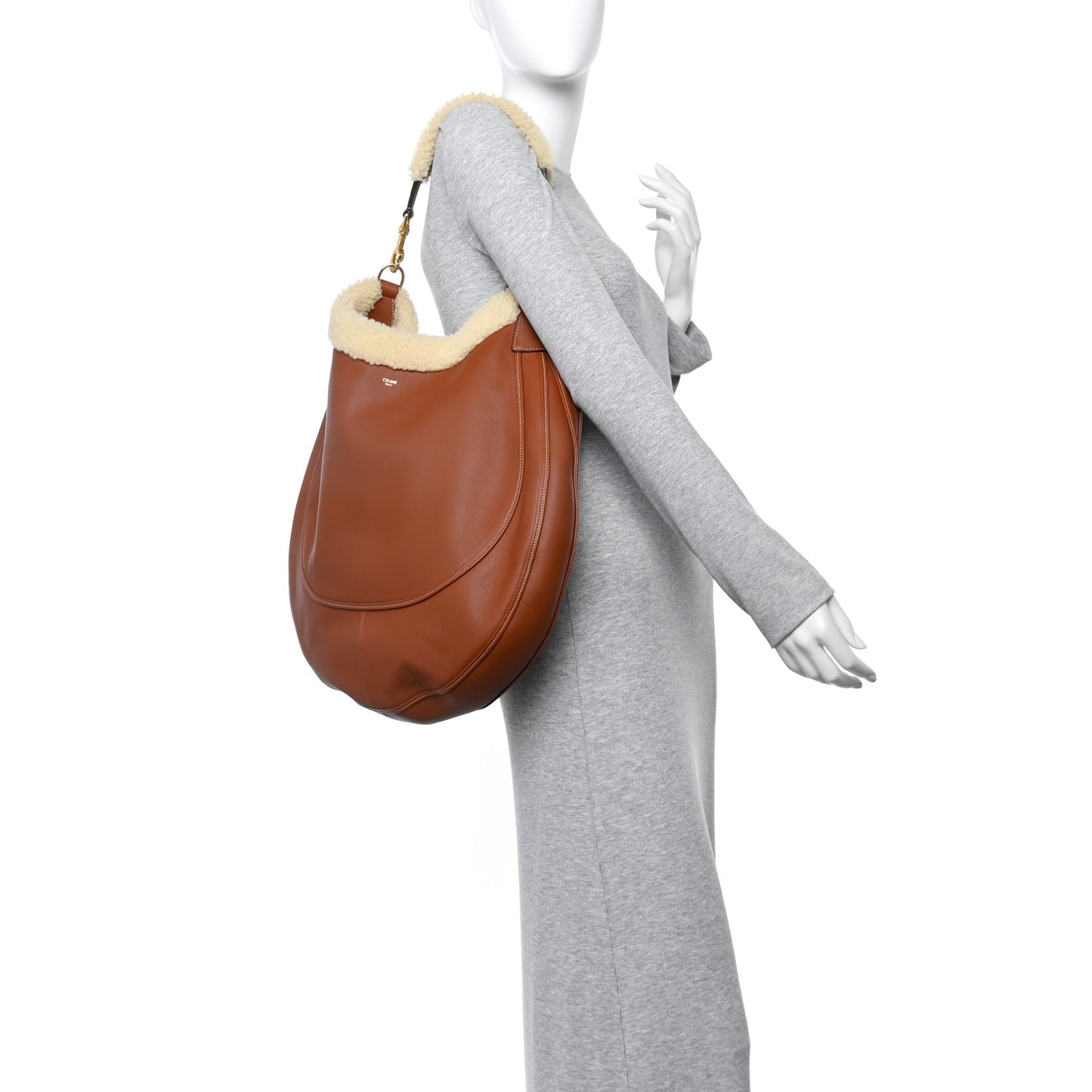 Supple Calfskin Shearling Large Leandre Hobo Brown