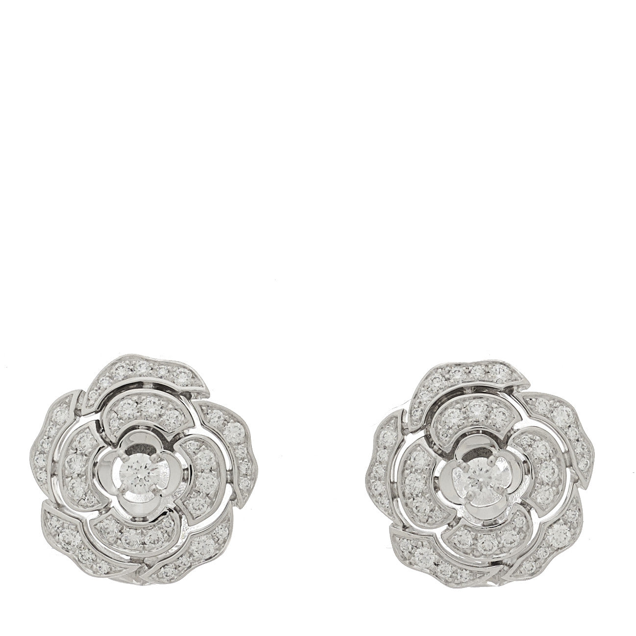 18K White Gold Diamond Bouton de Camelia Earrings