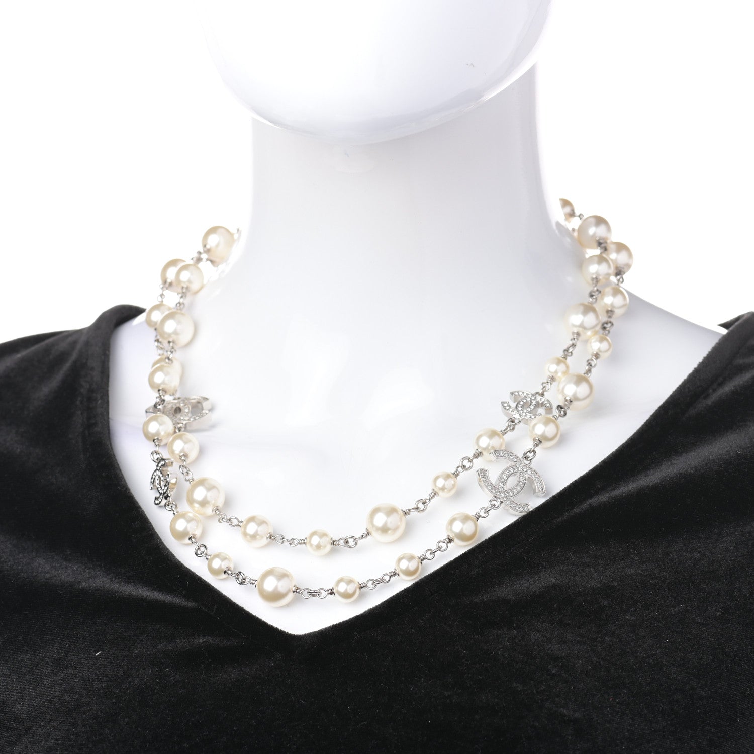 Chanel Crystal Pearl CC Long Necklace Silver 2 of 4