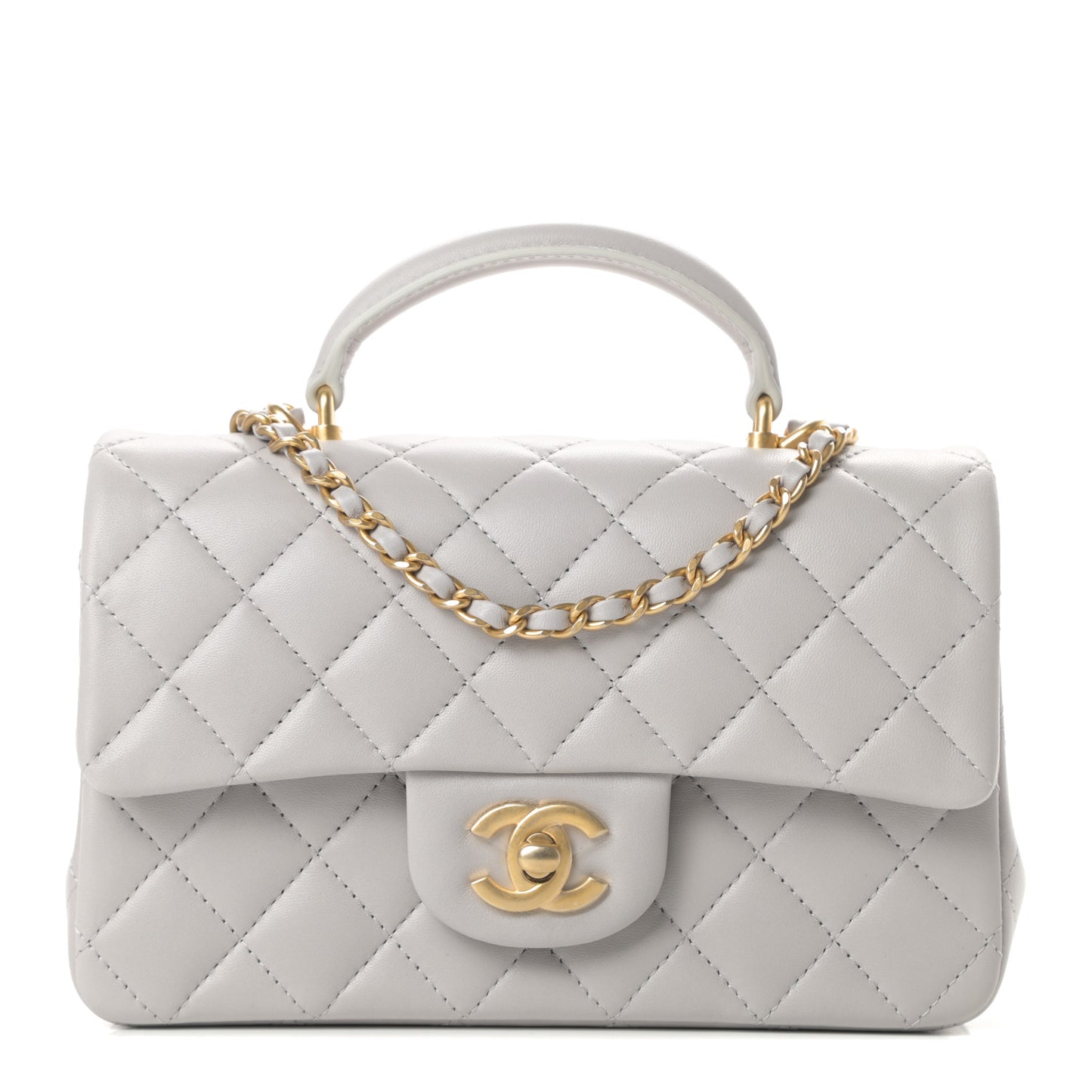 Lambskin Quilted Mini Top Handle Rectangular Flap Grey