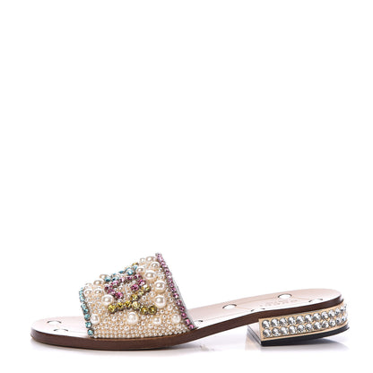 Gucci Calfskin Pearl Lupe 20mm Guccy Jeweled Slide Sandals 37.5 Multicolor 1 of 7
