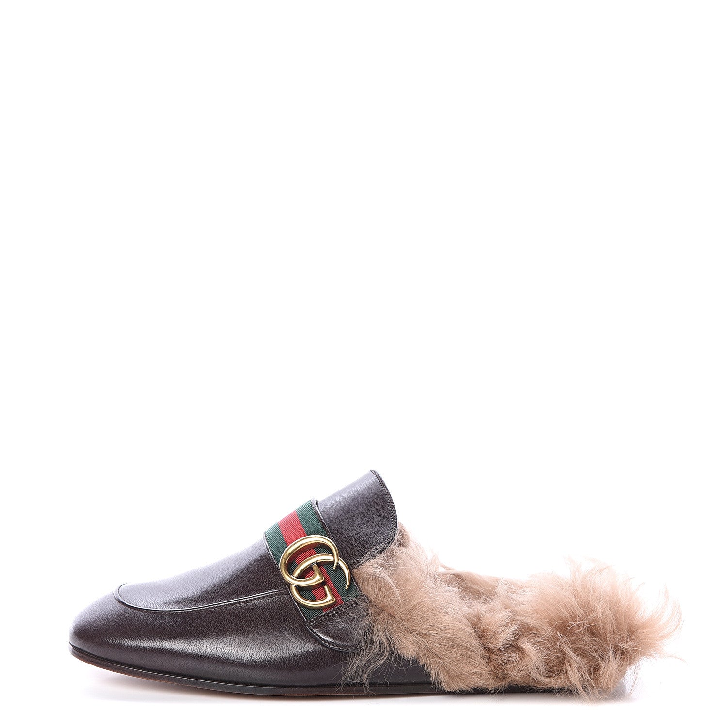 Gucci Goatskin Fur Web GG Mens Princetown Slippers 7 Cocoa 1 of 7