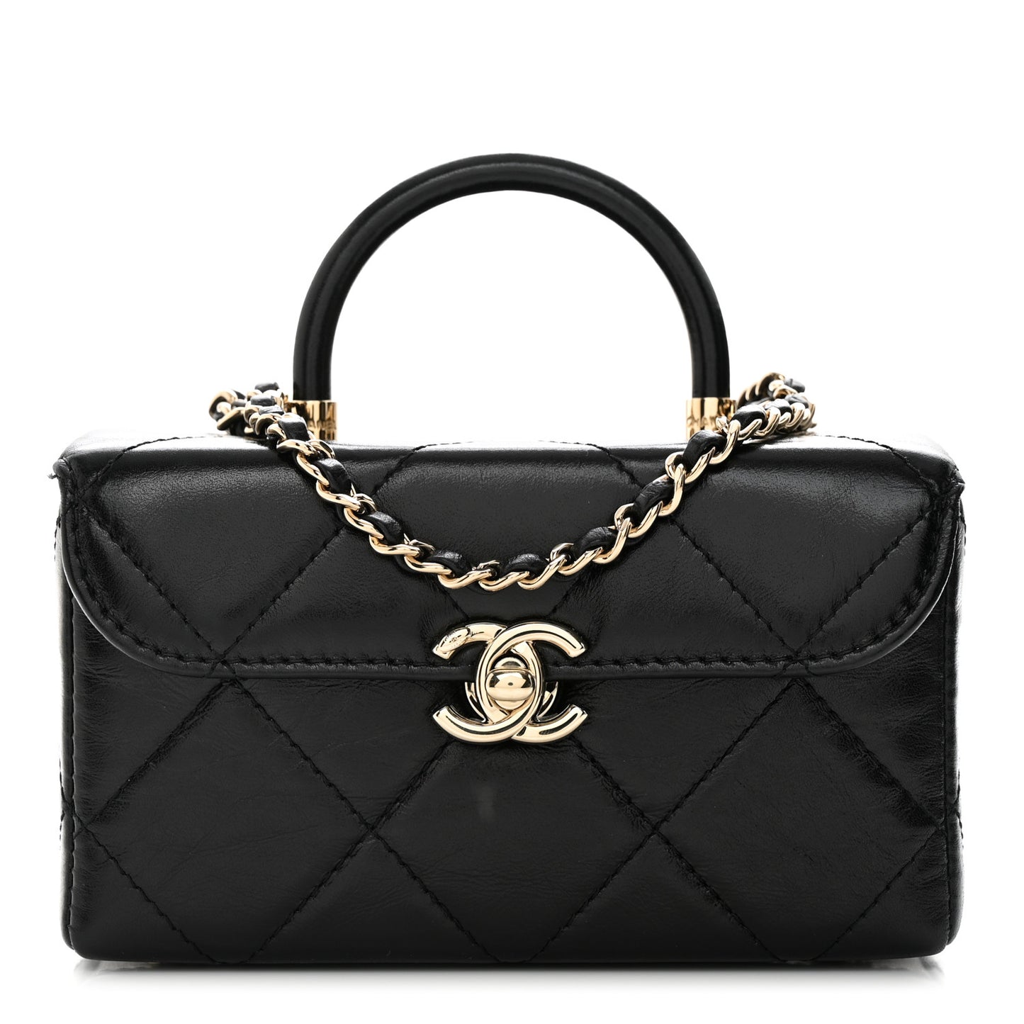 Shiny Calfskin Quilted Small CC Top Handle Box Bag Black