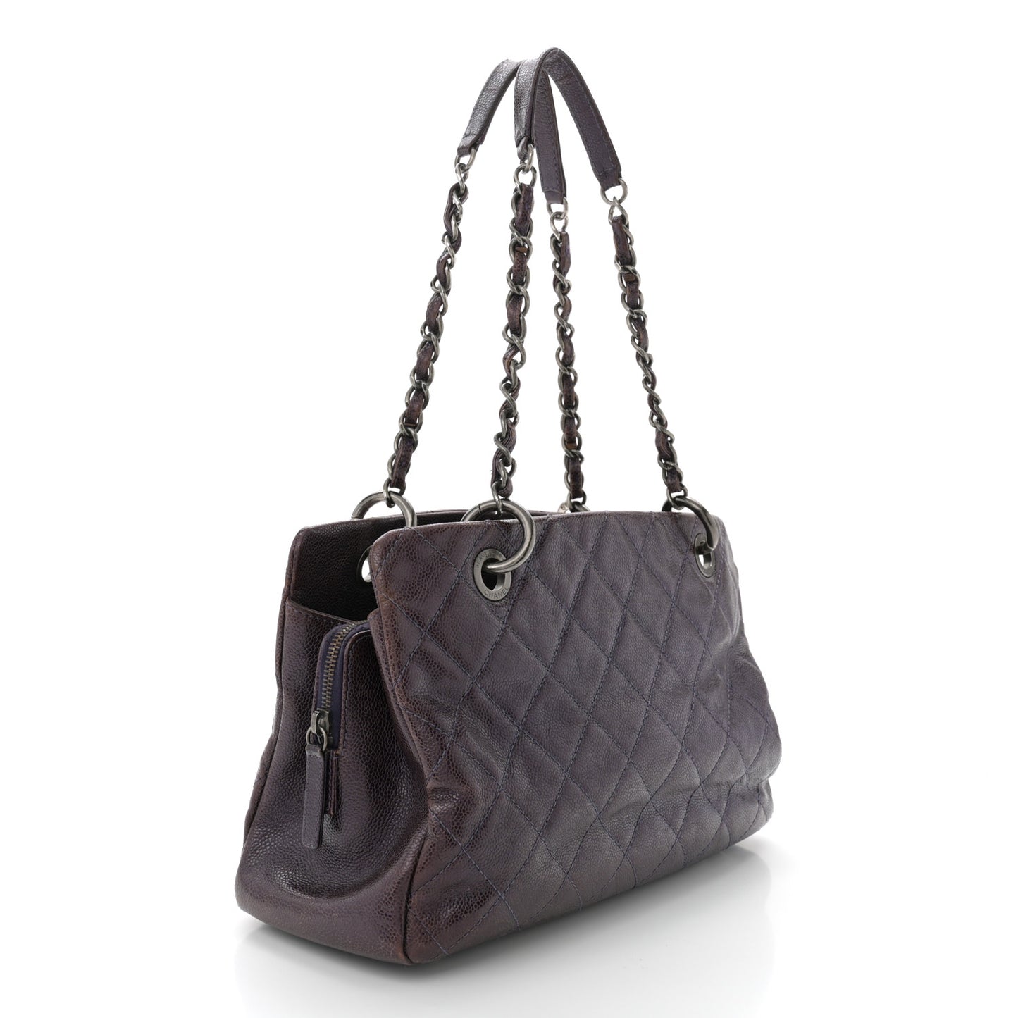Iridescent Caviar Quilted Chic Shopping Tote Dark Purple