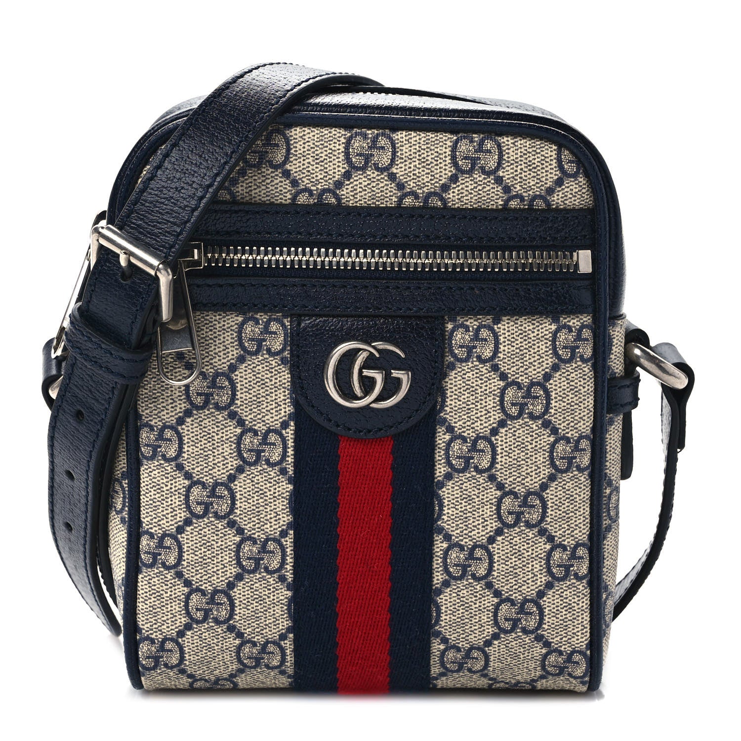 Gucci GG Supreme Monogram Textured Calfskin Web Mini Ophidia Messenger Beige Blue 1 of 10