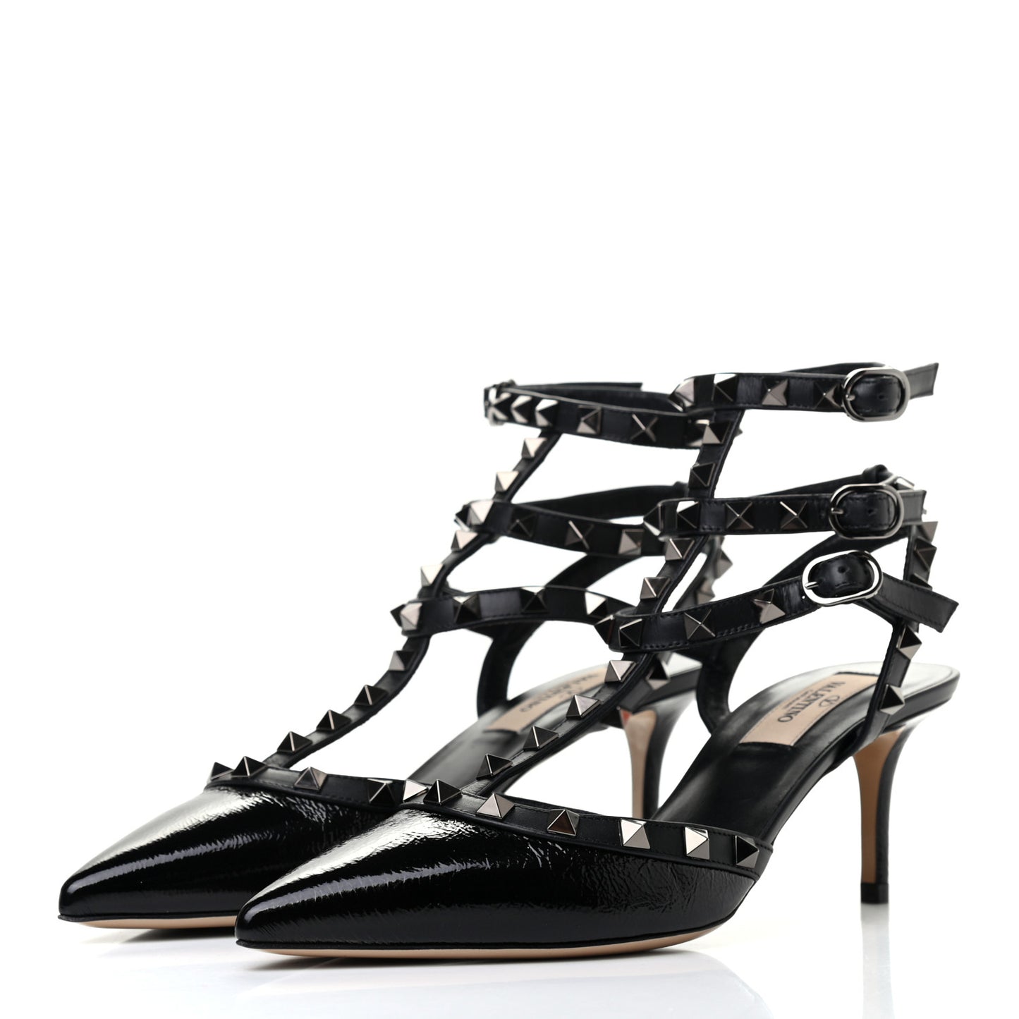 Wrinkled Patent Nappa Rockstud Ankle Strap 65mm Pumps 37 Black