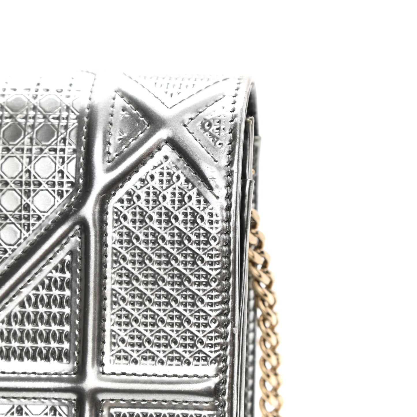 Metallic Patent Micro-Cannage Diorama Wallet on Chain Pouch Silver