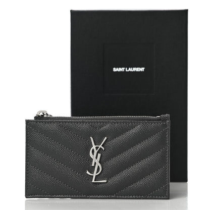 Saint Laurent Grain De Poudre Matelasse Chevron Monogram Fragments Zippered Card Case Fog 10 of 10