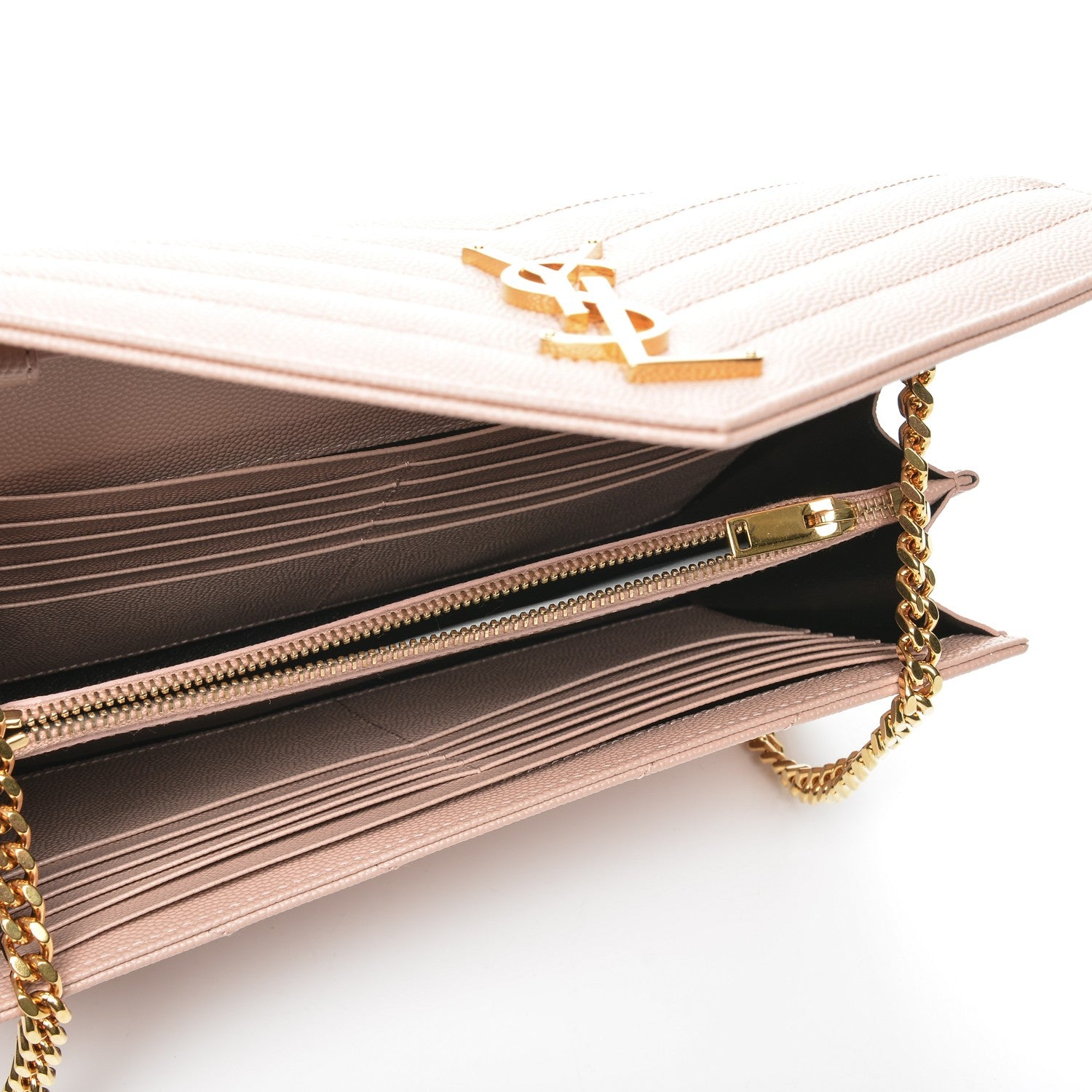 Saint Laurent Grain De Poudre Matelasse Chevron Monogram Chain Wallet Pale Pink 6 of 8