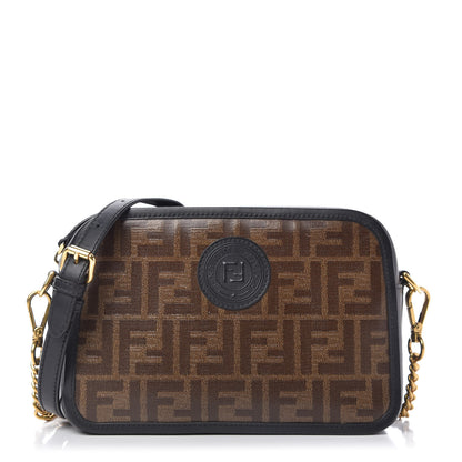 Fendi Glazed Fabric Vitello Century FF 1974 Stamp Patch Camera Case Mogano Panna Black 1 of 10