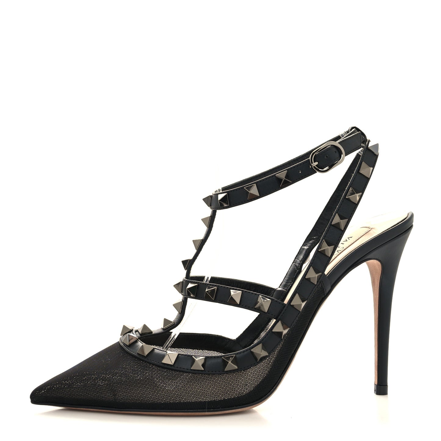 Mesh Calfskin Rockstud Ankle Strap 100mm Pumps 39 Black