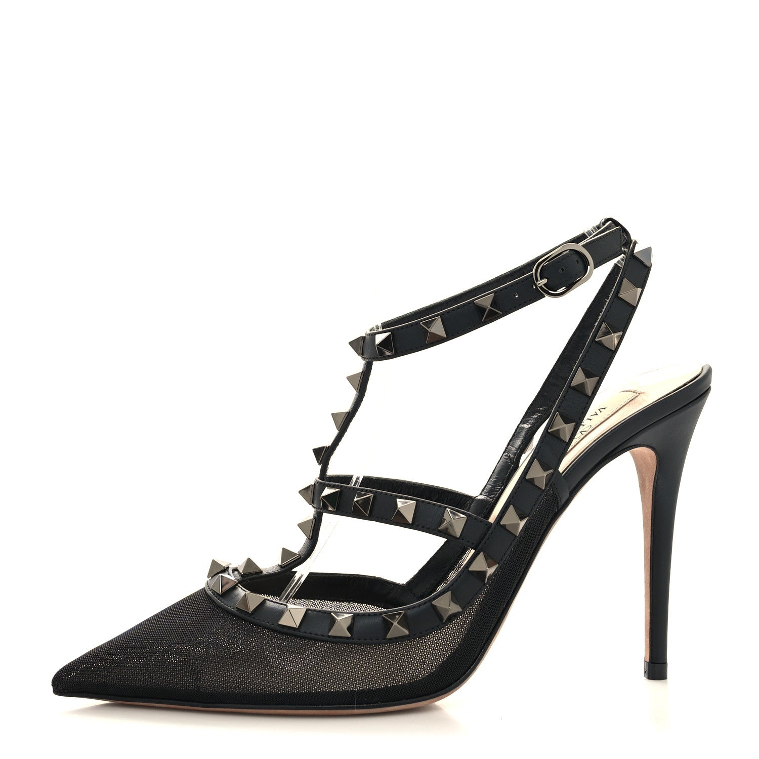 Valentino Garavani Mesh Calfskin Rockstud Ankle Strap 100mm Pumps 39 Black 1 of 7
