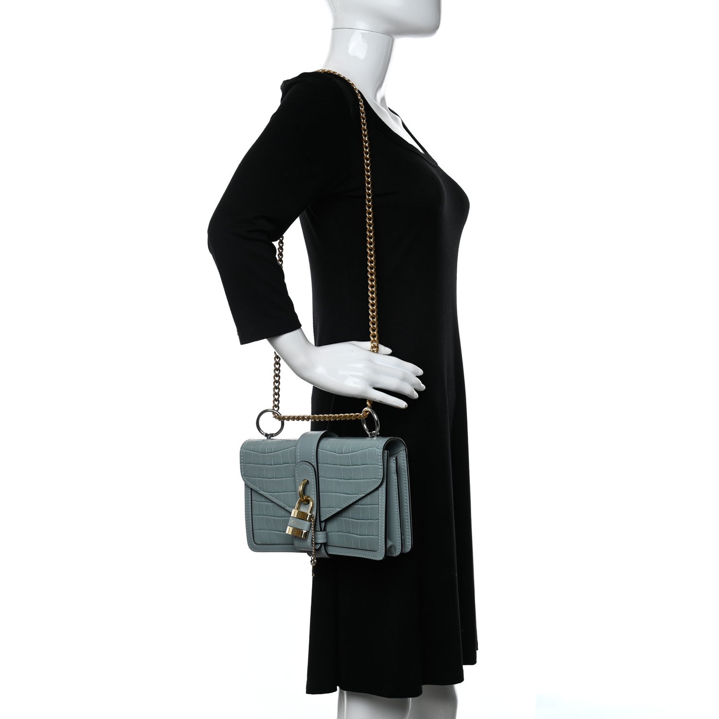 Calfskin Crocodile Embossed Aby Chain Shoulder Bag Faded Blue