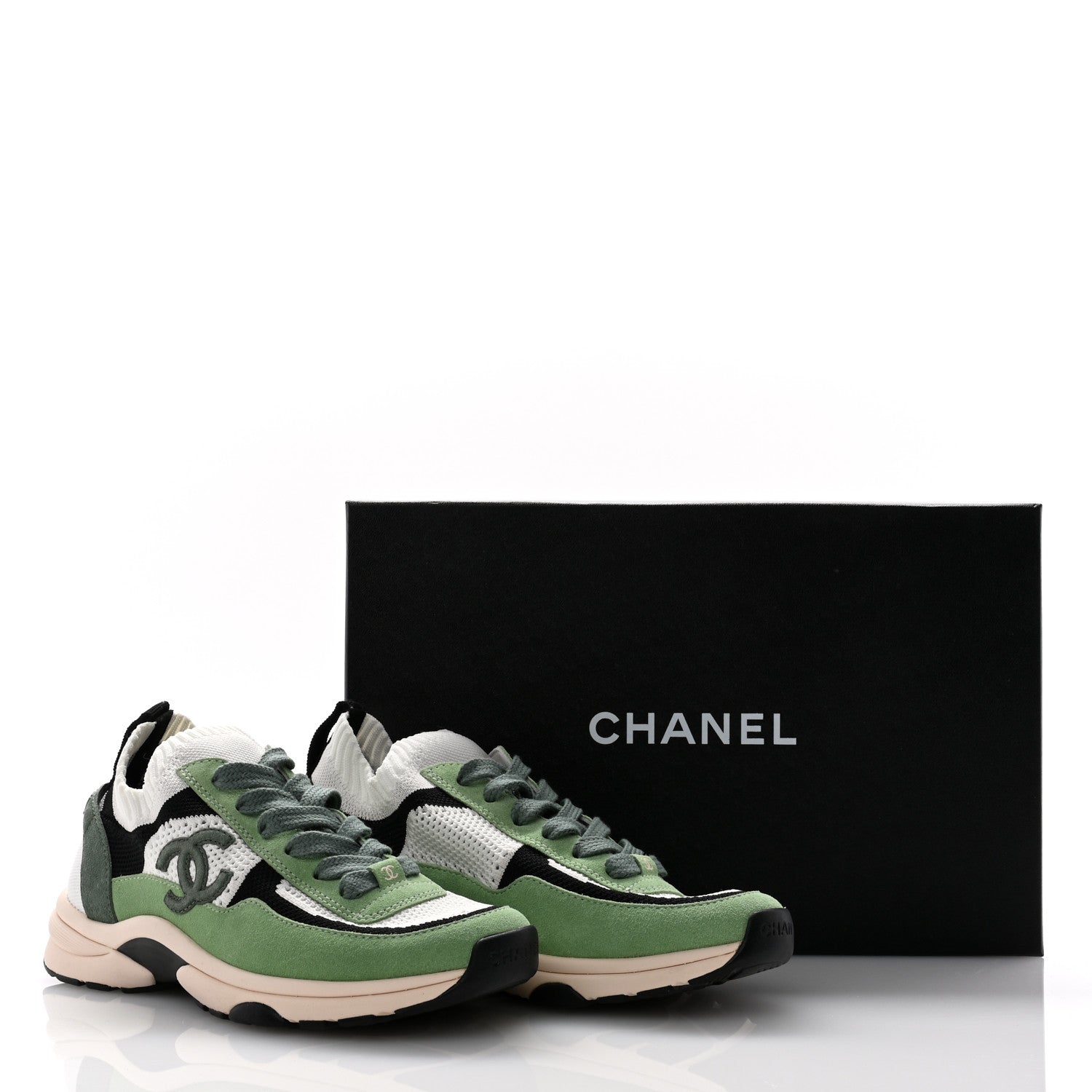 Chanel Knit Suede Fabric Womens CC Sneakers 37 Green Dark Green White Black 9 of 9