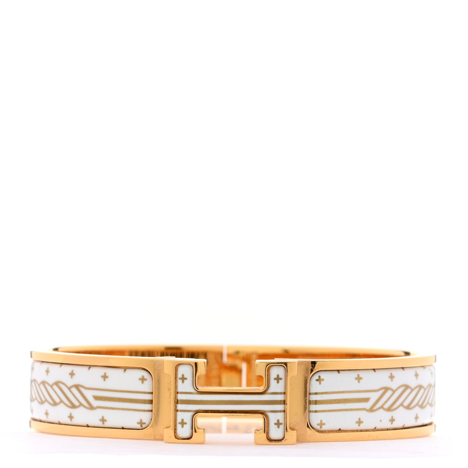 Hermes Enamel Printed Quadrige Au Fil Narrow Clic Clac H Bracelet PM Orfevre Jaune Or Blanc 1 of 5