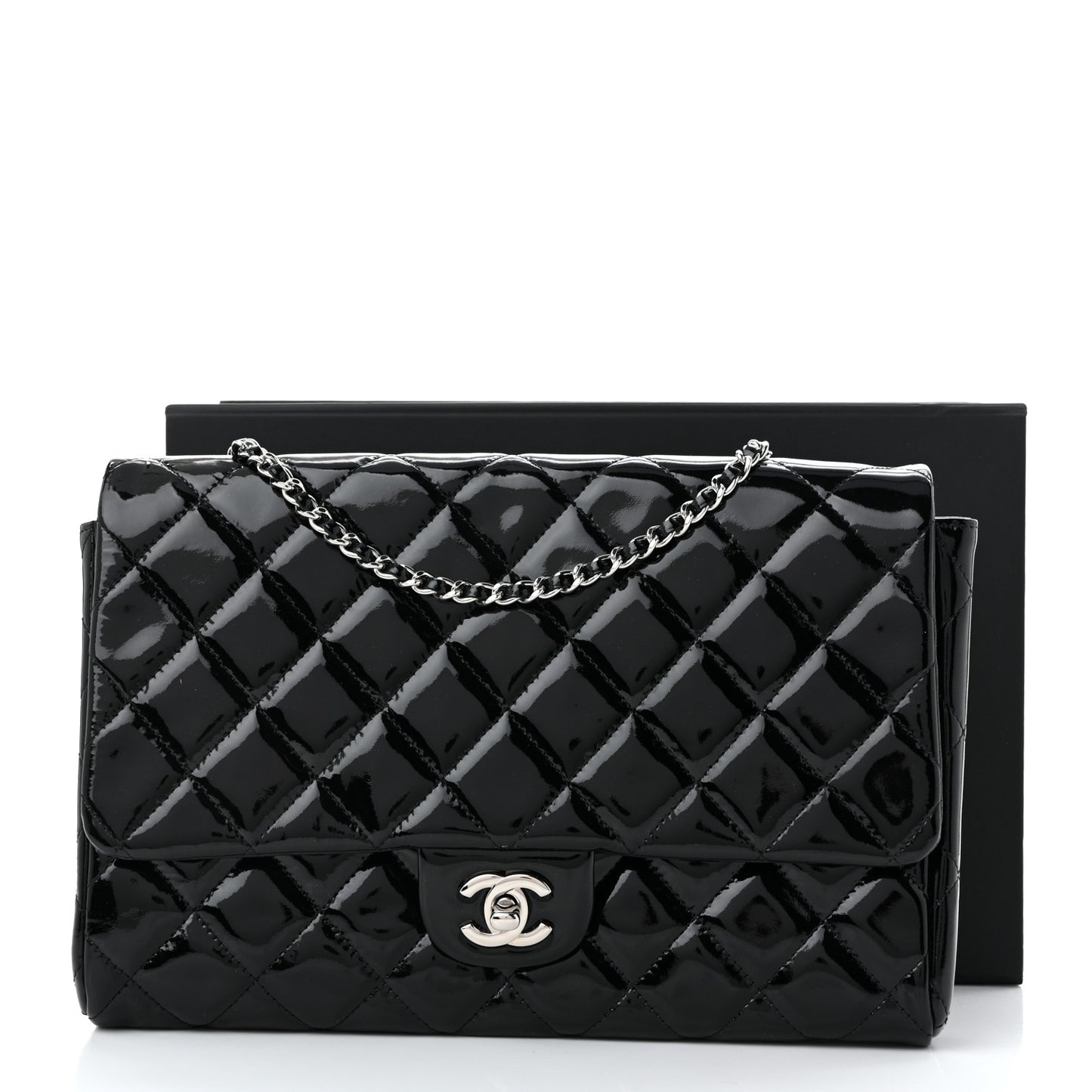 Patent Quilted Clutch with Chain Flap Black