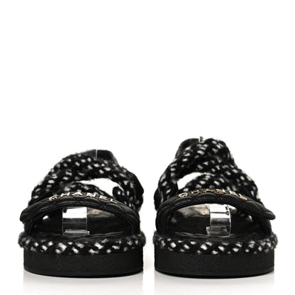 Chanel Cord Lambskin Quilted Logo Sandals 39 Black White 2 of 9