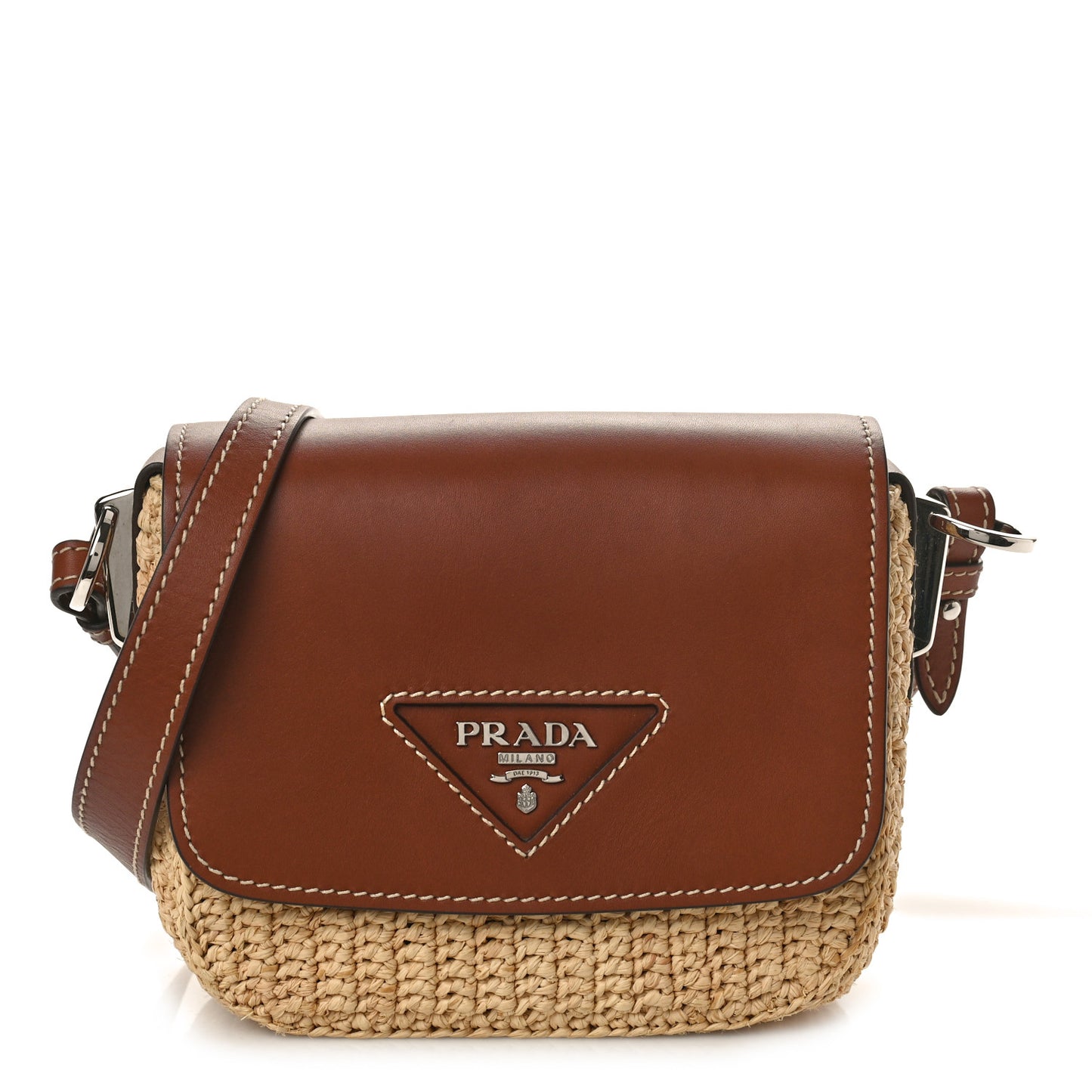 Raffia Vitello Flap Shoulder Bag Naturale Cognac