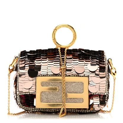 Fendi Sequin Paillettes Shiny Nappa Sex and the City Nano Maxi Buckle Baguette Charm Tortora 1 of 13