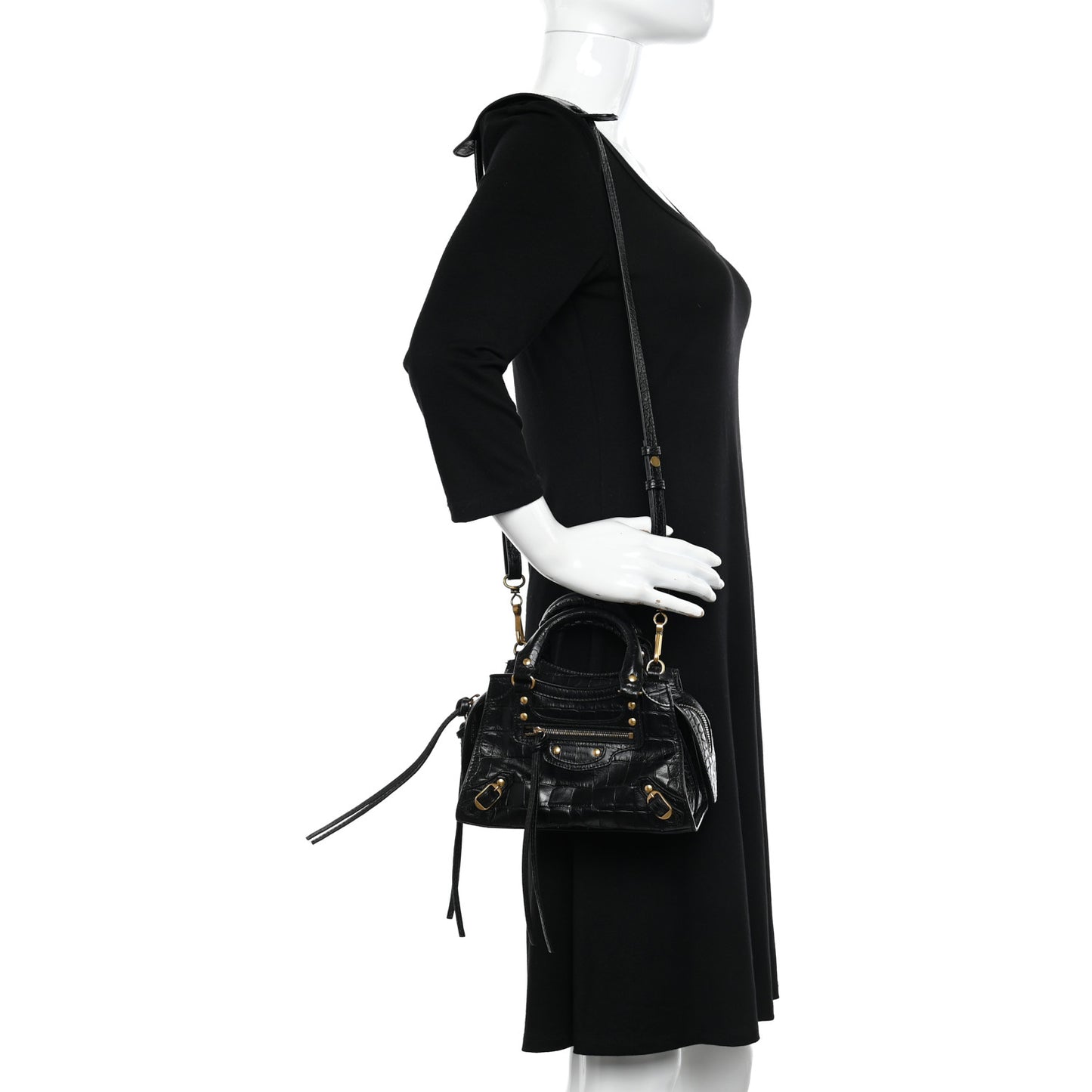 Shiny Supple Calfskin Crocodile Embossed Neo Classic Gold Hardware Mini City Black
