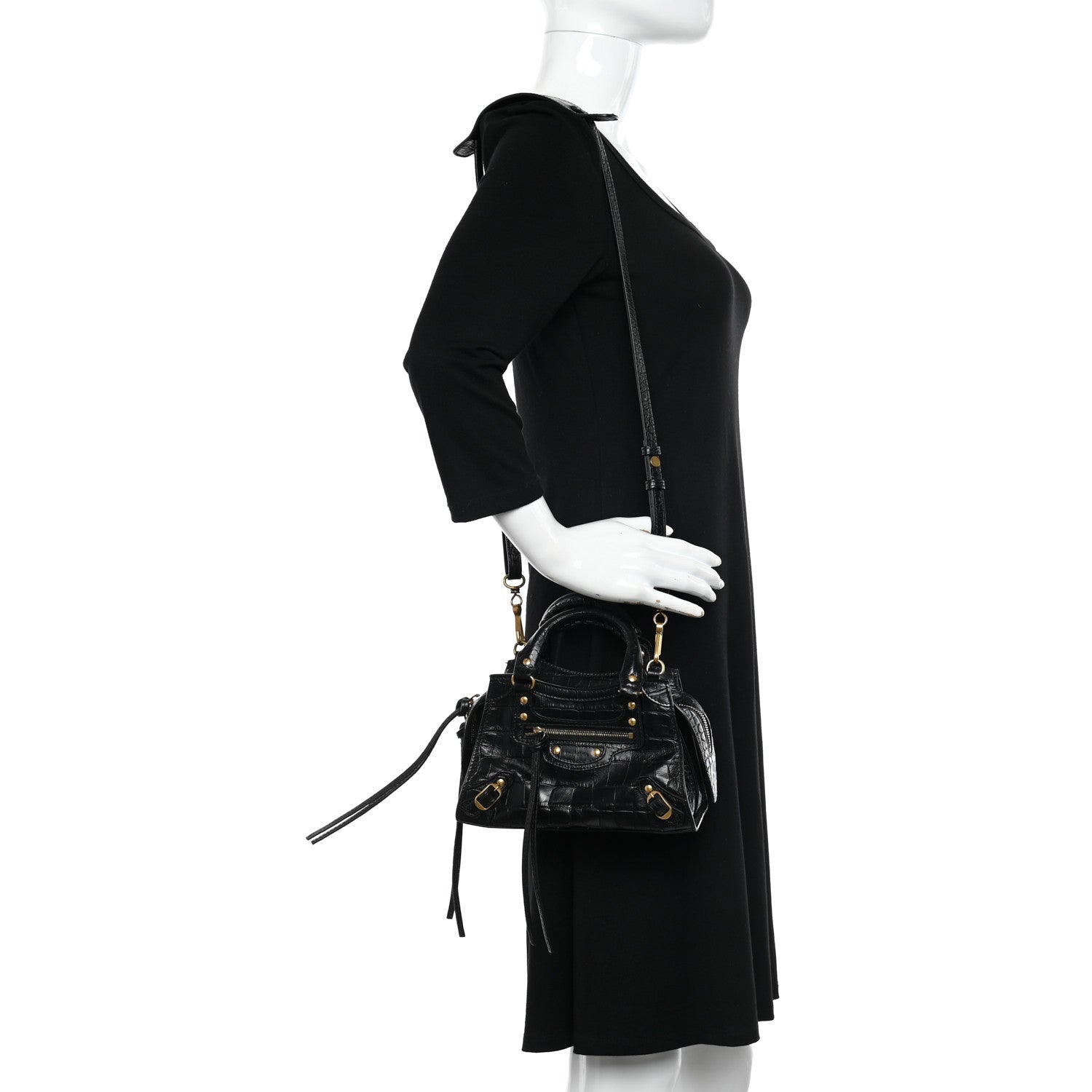 Balenciaga Shiny Supple Calfskin Crocodile Embossed Neo Classic Gold Hardware Mini City Black 2 of 10